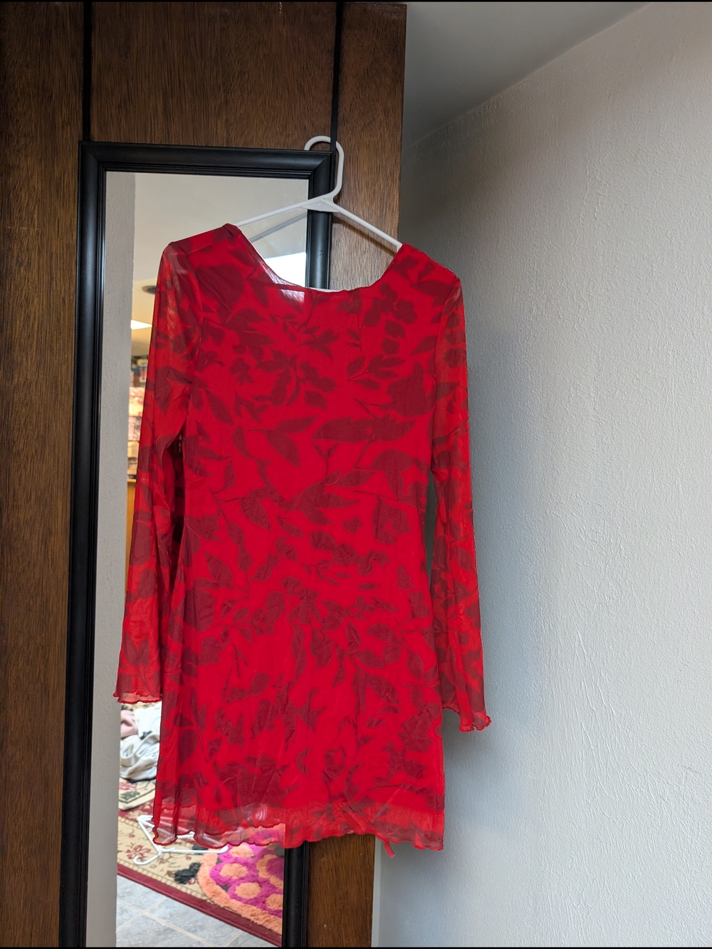 ROMWE Red Sheer Mini Dress with Leaf Motif